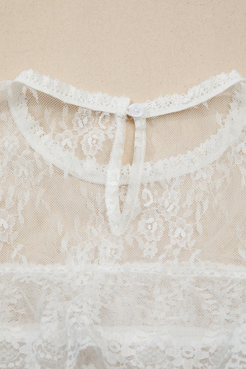 Sheer Floral Lace Ruffle Tiered Long Sleeve Blouse