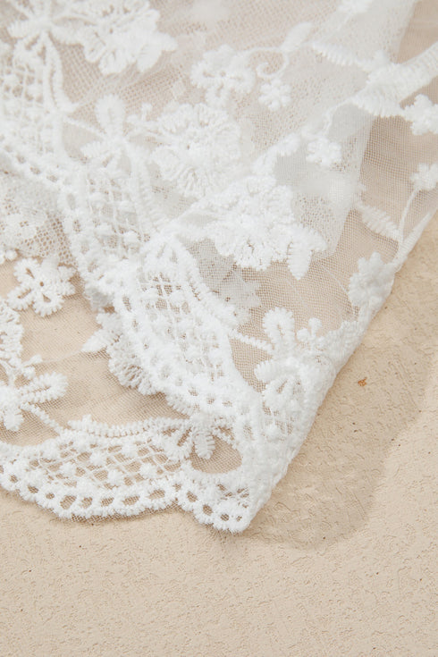 Sheer Floral Lace Ruffle Tiered Long Sleeve Blouse