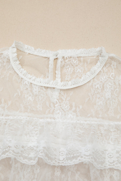 Sheer Floral Lace Ruffle Tiered Long Sleeve Blouse