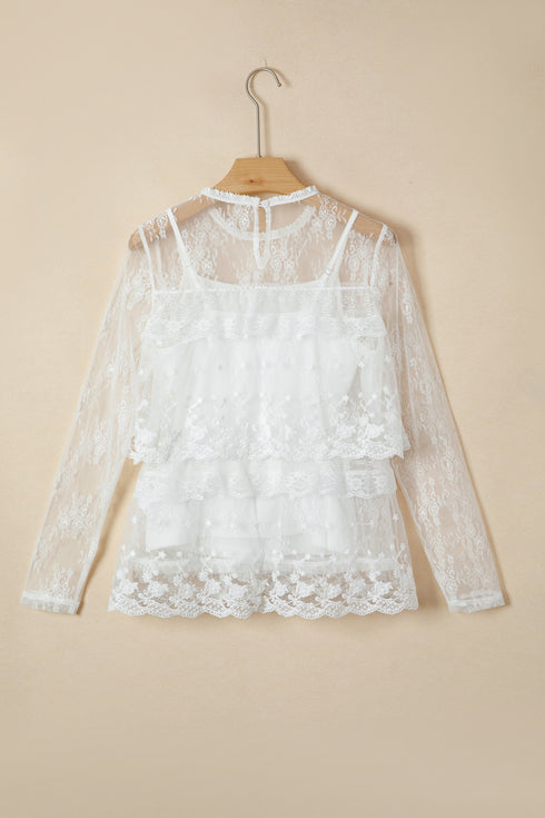 Sheer Floral Lace Ruffle Tiered Long Sleeve Blouse