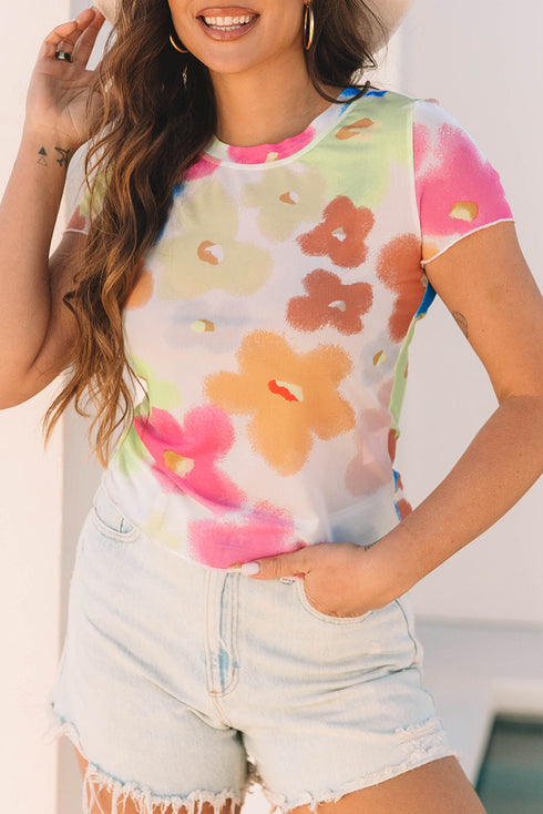 Sheer Floral Mesh Lettuce Edge Cropped Top