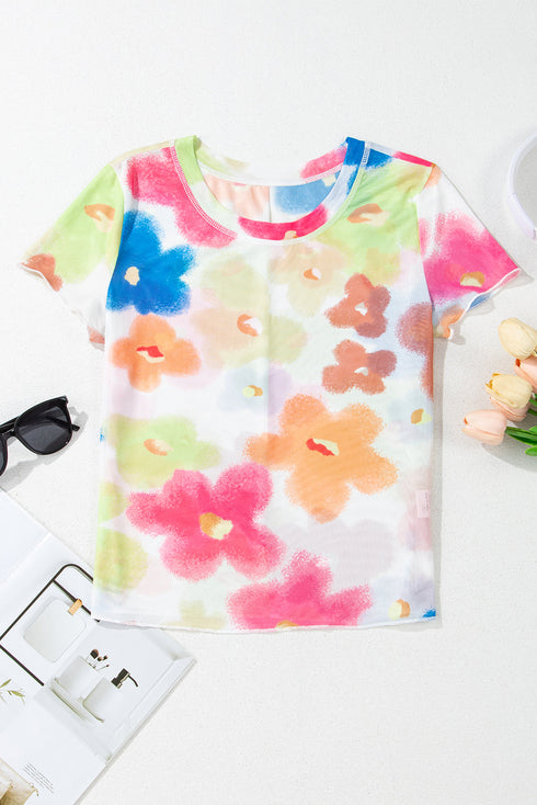 Sheer Floral Mesh Lettuce Edge Cropped Top