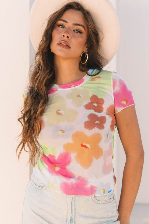 Sheer Floral Mesh Lettuce Edge Cropped Top