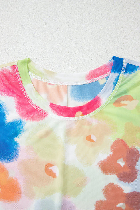 Sheer Floral Mesh Lettuce Edge Cropped Top