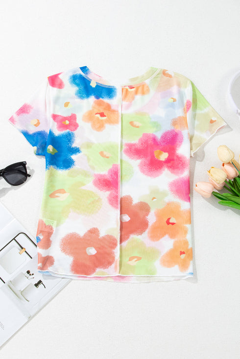 Sheer Floral Mesh Lettuce Edge Cropped Top
