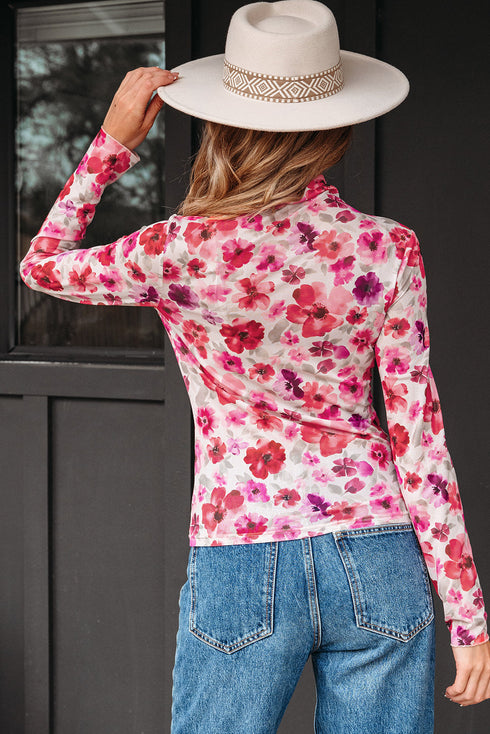 Sheer Floral Mesh Mock Neck Lettuce Trim Slim Top