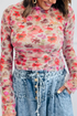 Sheer Floral Mesh Mock Neck Lettuce Trim Slim Top