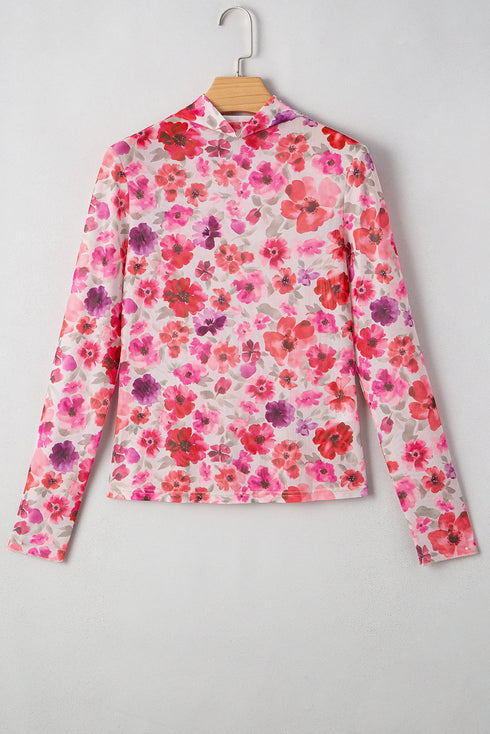 Sheer Floral Mesh Mock Neck Lettuce Trim Slim Top