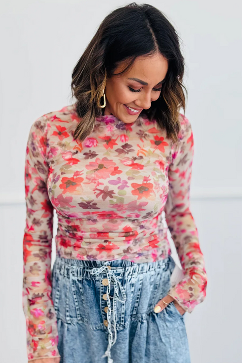 Sheer Floral Mesh Mock Neck Lettuce Trim Slim Top