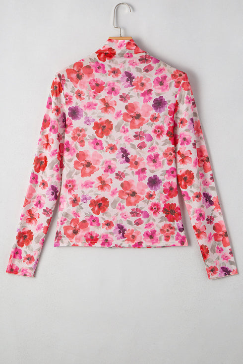 Sheer Floral Mesh Mock Neck Lettuce Trim Slim Top