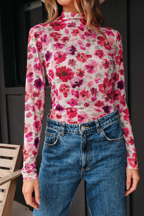 Sheer Floral Mesh Mock Neck Lettuce Trim Slim Top
