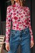 Sheer Floral Mesh Mock Neck Lettuce Trim Slim Top