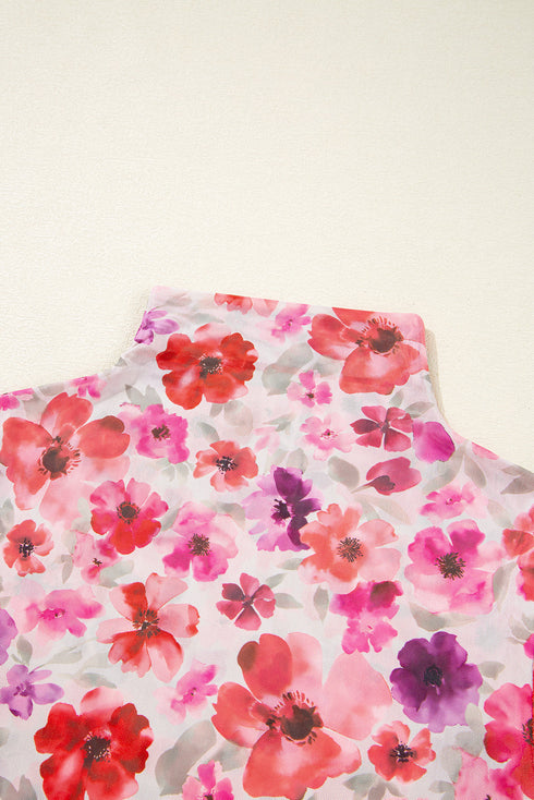 Sheer Floral Mesh Mock Neck Lettuce Trim Slim Top