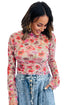 Sheer Floral Mesh Mock Neck Lettuce Trim Slim Top