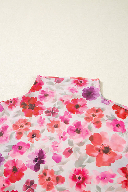 Sheer Floral Mesh Mock Neck Lettuce Trim Slim Top