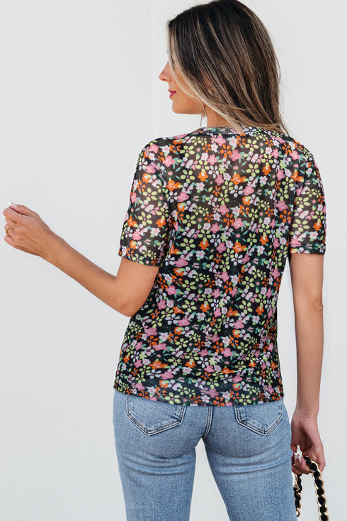 Sheer Floral Mesh Short Sleeve Round Neck Top