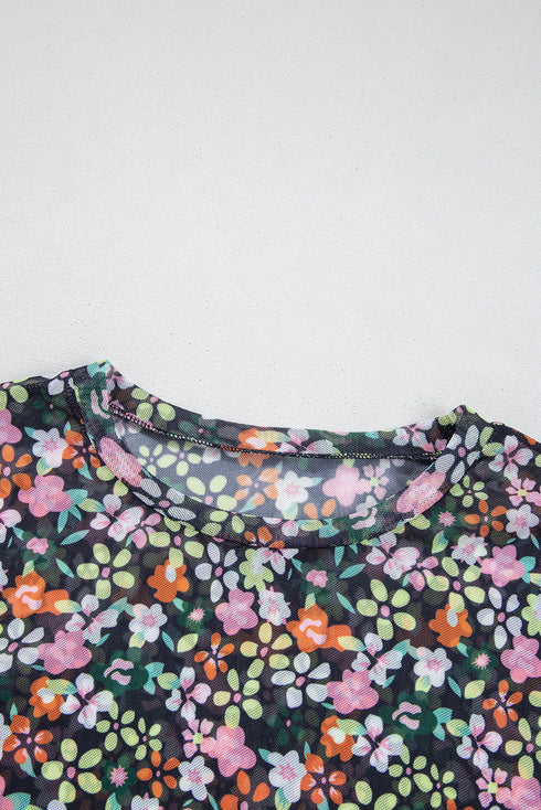 Sheer Floral Mesh Short Sleeve Round Neck Top