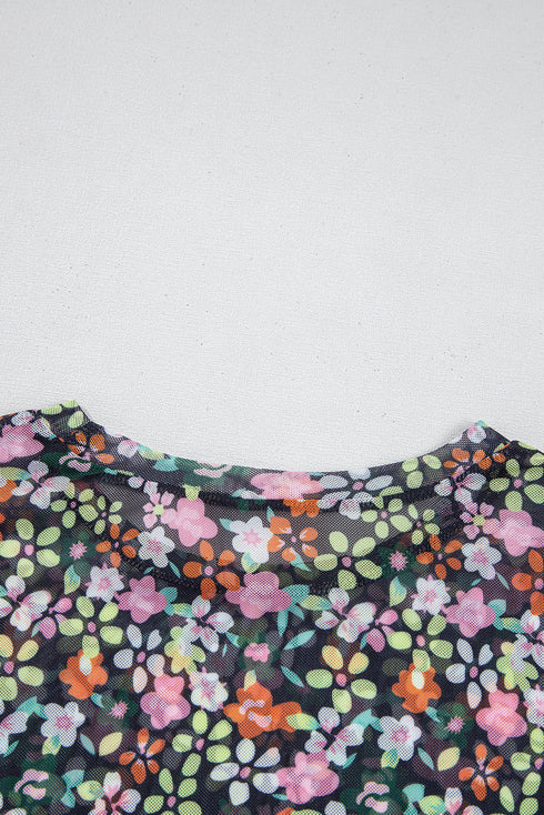 Sheer Floral Mesh Short Sleeve Round Neck Top