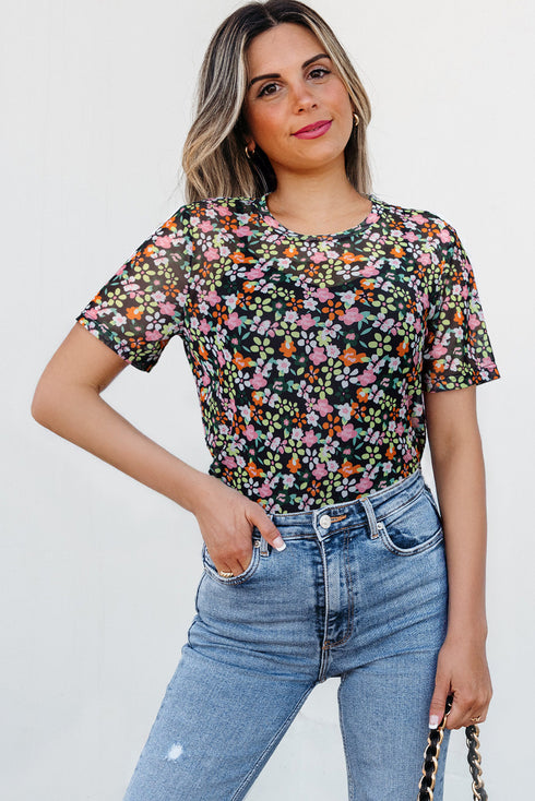 Sheer Floral Mesh Short Sleeve Round Neck Top