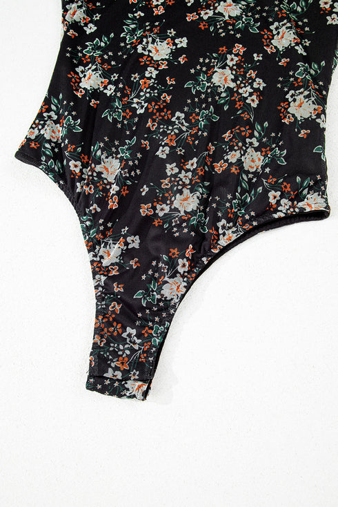 Sheer Floral Print U Neck Puff Sleeve Bodysuit