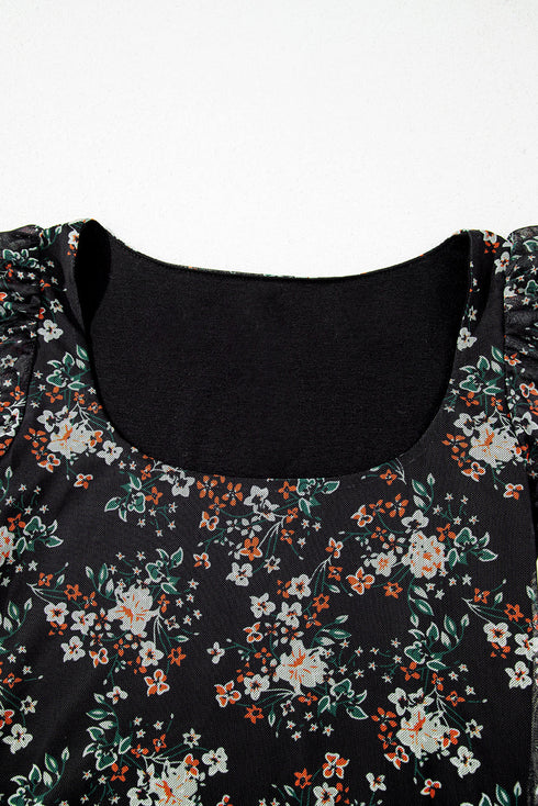 Sheer Floral Print U Neck Puff Sleeve Bodysuit