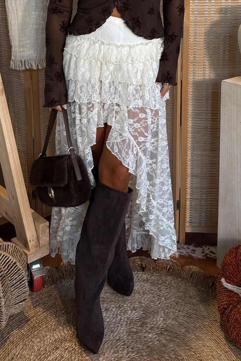 Sheer Lace Frilly Ruffle High Low Western Skirt