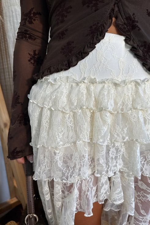 Sheer Lace Frilly Ruffle High Low Western Skirt
