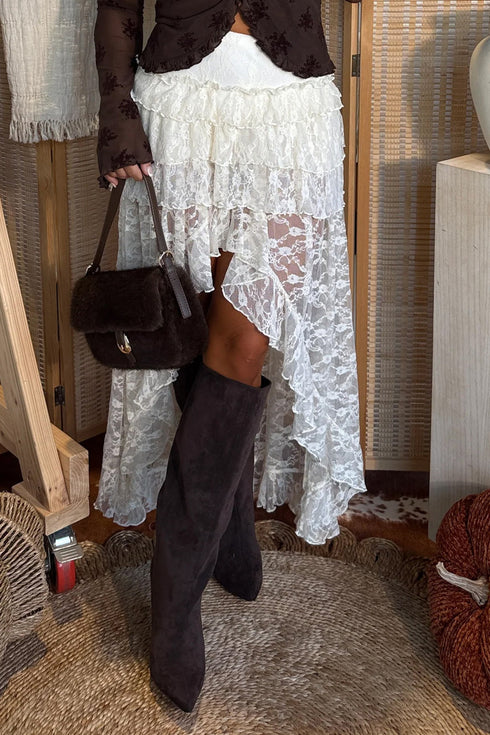Sheer Lace Frilly Ruffle High Low Western Skirt