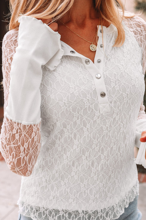 Sheer Lace Long Sleeve Slim Henley Top