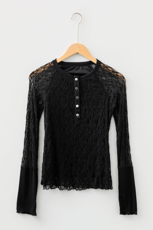 Sheer Lace Long Sleeve Slim Henley Top
