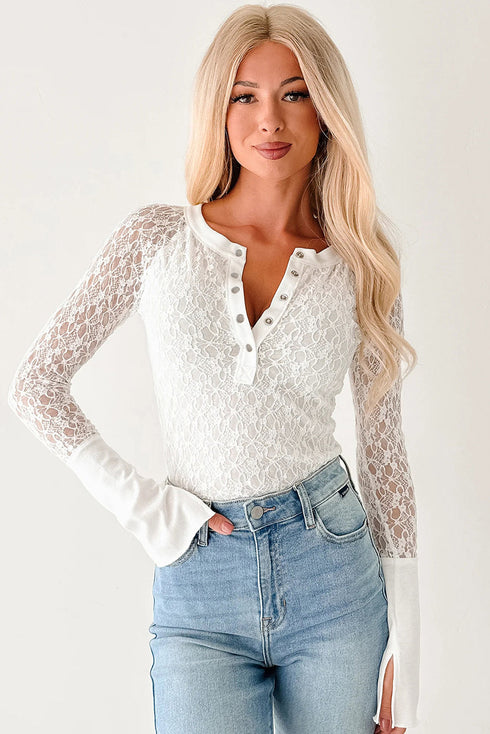 Sheer Lace Long Sleeve Slim Henley Top
