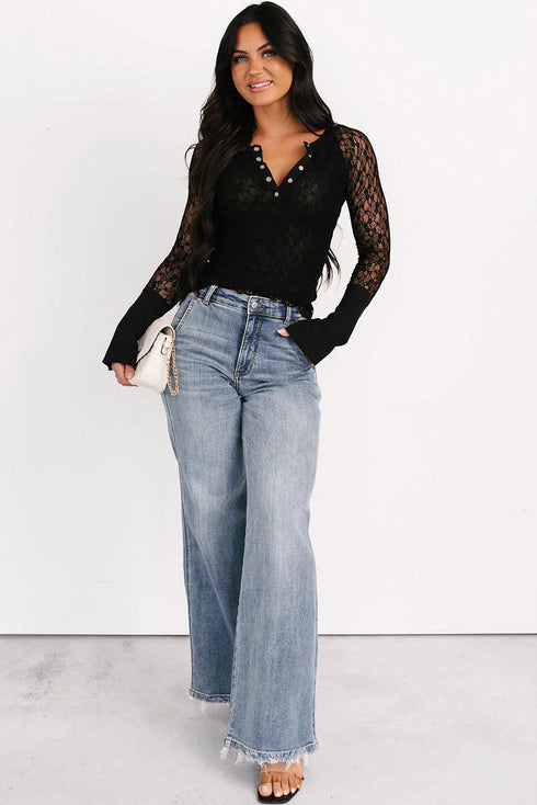 Sheer Lace Long Sleeve Slim Henley Top