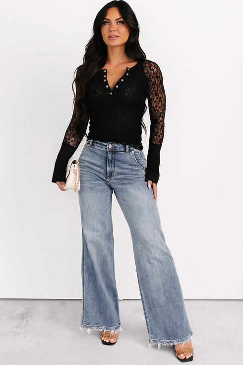Sheer Lace Long Sleeve Slim Henley Top