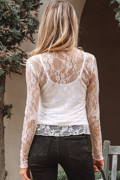 Sheer Lace Mesh Mock Neck Long Sleeve Slim Top