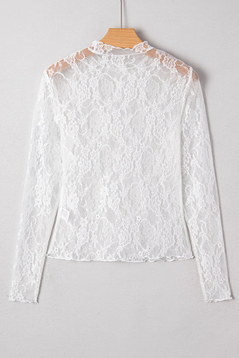 Sheer Lace Mesh Mock Neck Long Sleeve Slim Top
