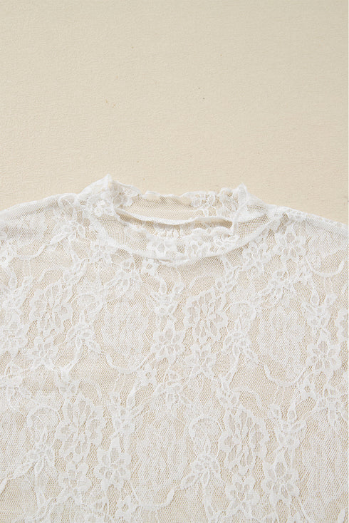 Sheer Lace Mesh Mock Neck Long Sleeve Slim Top