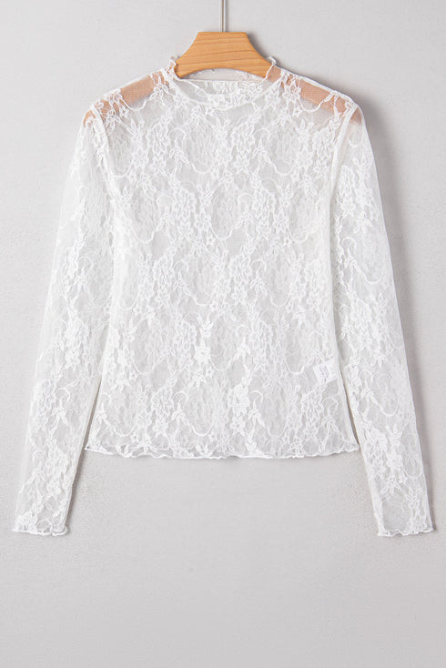 Sheer Lace Mesh Mock Neck Long Sleeve Slim Top