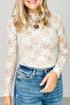 Sheer Lace Mesh Mock Neck Long Sleeve Slim Top