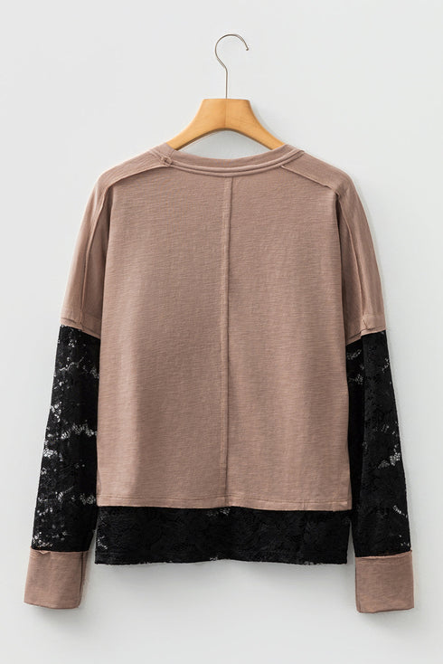 Sheer Lace Patchwork Western Style Long Sleeve Crew Neck Top
