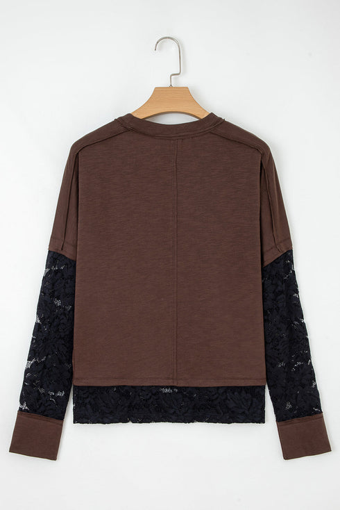 Sheer Lace Patchwork Western Style Long Sleeve Crew Neck Top