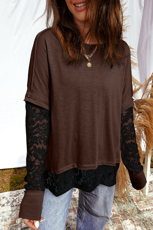 Sheer Lace Patchwork Western Style Long Sleeve Crew Neck Top
