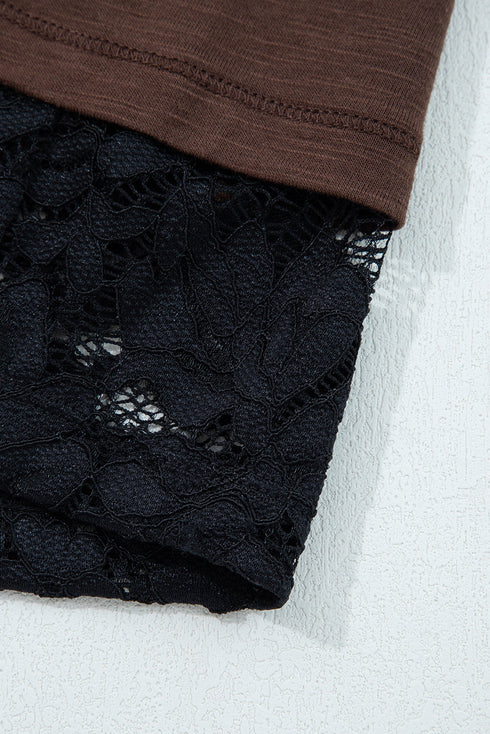 Sheer Lace Patchwork Western Style Long Sleeve Crew Neck Top