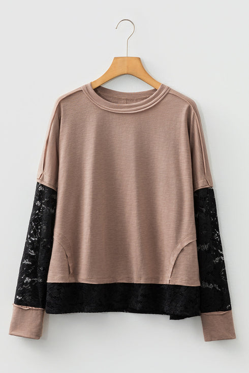 Sheer Lace Patchwork Western Style Long Sleeve Crew Neck Top