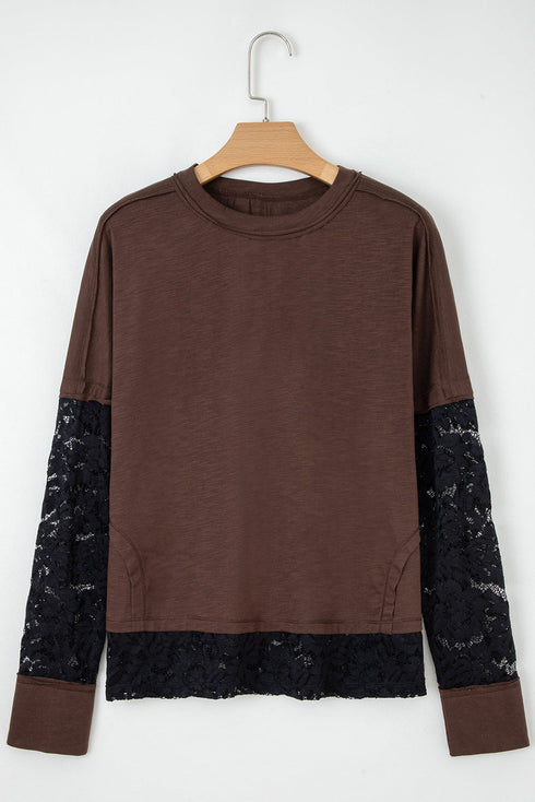 Sheer Lace Patchwork Western Style Long Sleeve Crew Neck Top