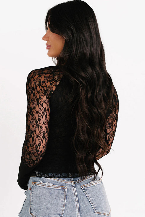 Sheer Lace Snap Henley Scalloped Hem Slim Top