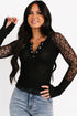 Sheer Lace Snap Henley Scalloped Hem Slim Top
