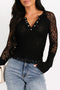 Sheer Lace Snap Henley Scalloped Hem Slim Top