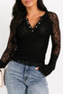 Sheer Lace Snap Henley Scalloped Hem Slim Top