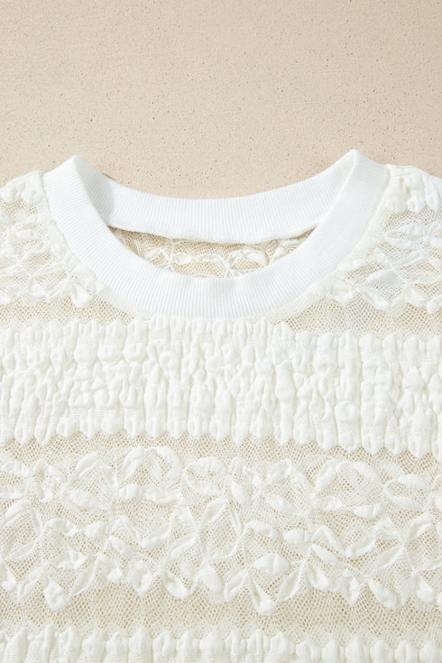 Sheer Lace Textured Patchwork Short Sleeve Top