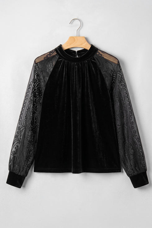 Sheer Lace Velvet Patchwork Stand Neck Long Sleeve Blouse